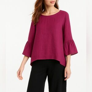 Bryn Walker Fran Ruffle Sleeve Magenta Fuchsia Purple 100% Linen Top, size M